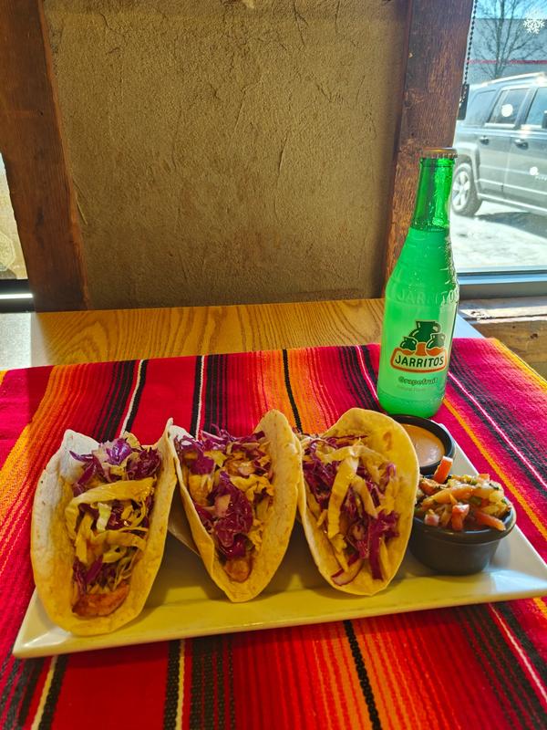 Fish tacos with purple cabbage slaw and Jarritos